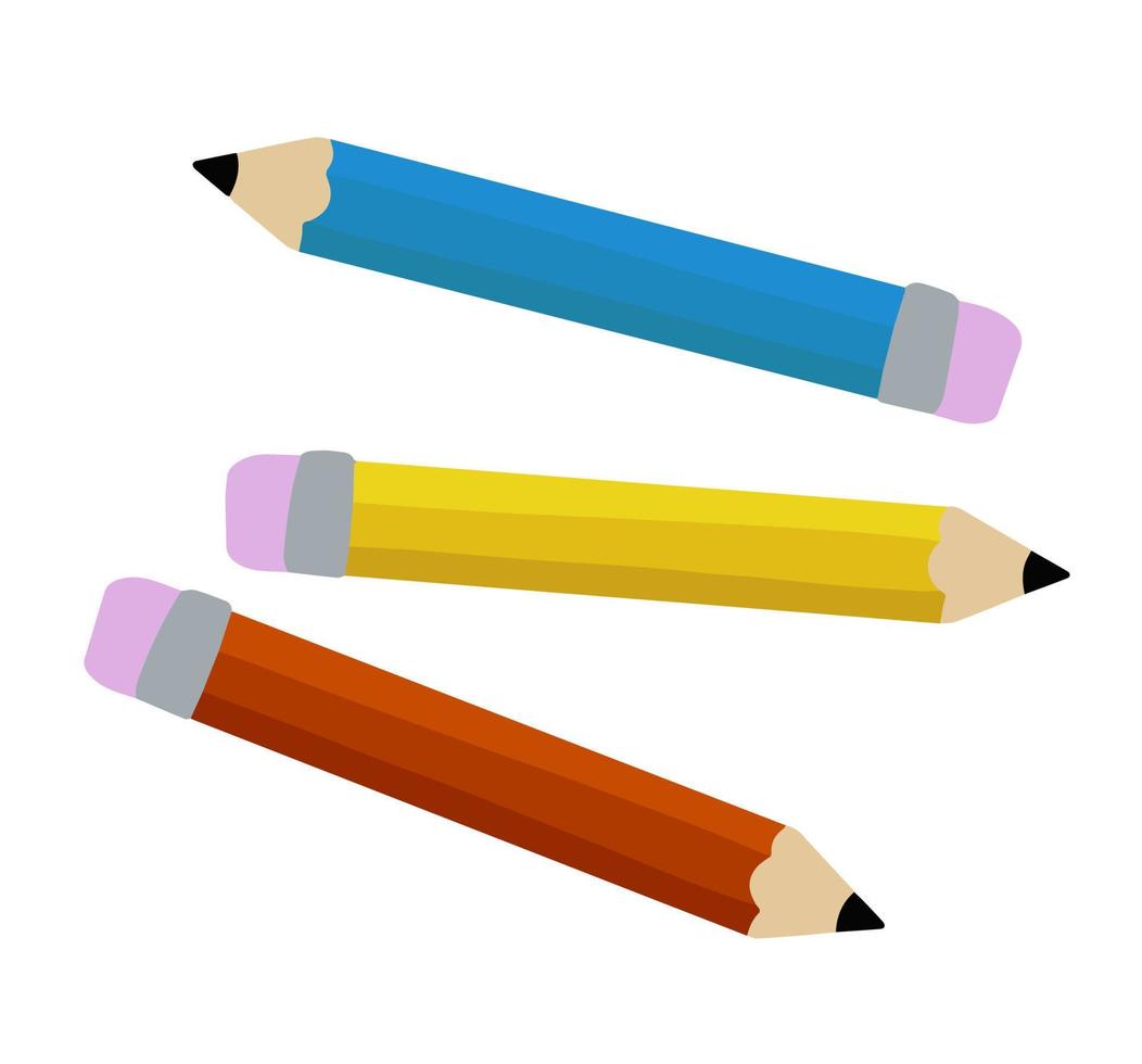 ensemble de crayons de couleur. icône pour la créativité et le dessin. loisirs et divertissements pour les enfants. papier à lettres rouge, bleu et jaune. dessin animé plat vecteur