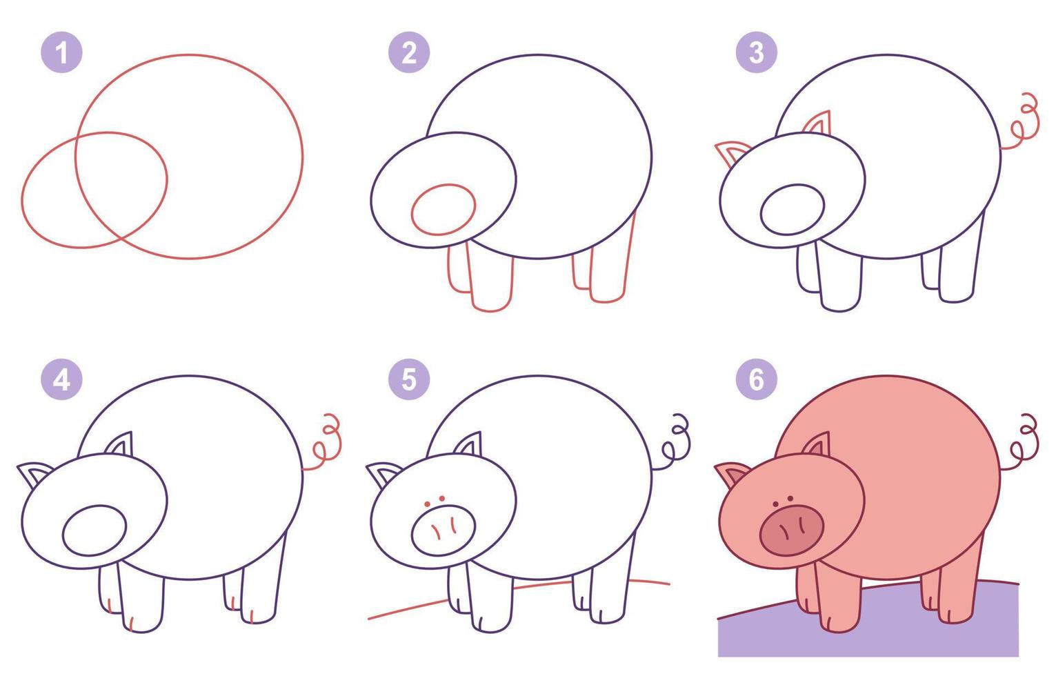 instructions pour dessiner un cochon mignon. suivre étape par étape. feuille de travail pour enfant apprenant à dessiner des animaux. jeu pour la page de vecteur enfant. schéma pour dessiner le cochon. illustration vectorielle