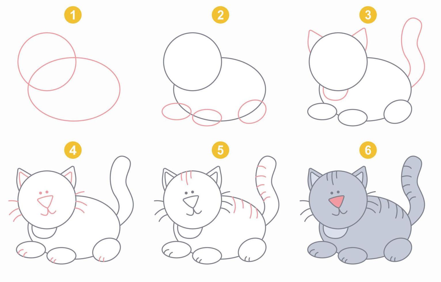 instructions pour dessiner un chat mignon. suivre étape par étape. feuille de travail pour enfant apprenant à dessiner des animaux. jeu pour la page de vecteur enfant. schéma pour dessiner un chaton. illustration vectorielle