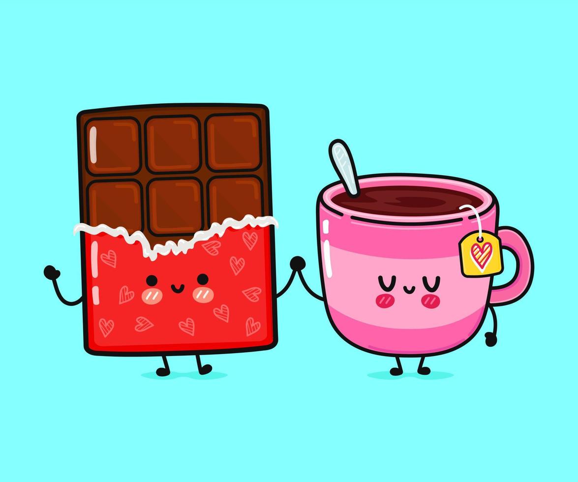 mignon, drôle heureux tasse de thé et personnage de chocolat. personnages de kawaii de dessin animé dessinés à la main de vecteur, icône d'illustration. tasse de dessin animé drôle de concept d'amis de thé et de chocolat vecteur