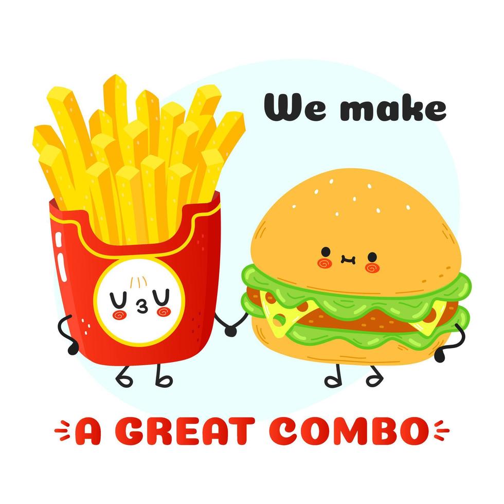 jolie carte happy hamburger et frites. conception d'icône d'illustration de personnage de dessin animé de style doodle dessinés à la main de vecteur. carte de concept d'amis heureux hamburger et frites vecteur