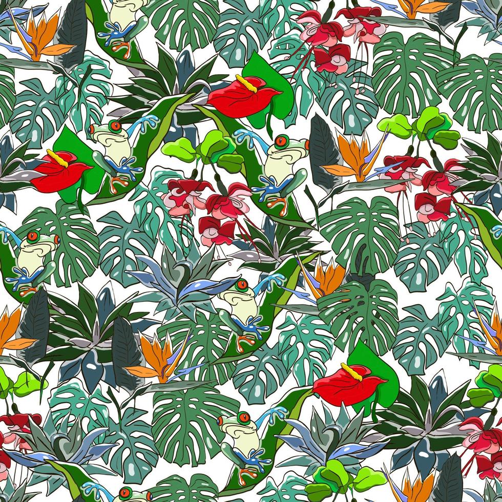 motif tropical harmonieux de fleurs exotiques, de monstère, de banane et de feuilles de palmier. vecteur