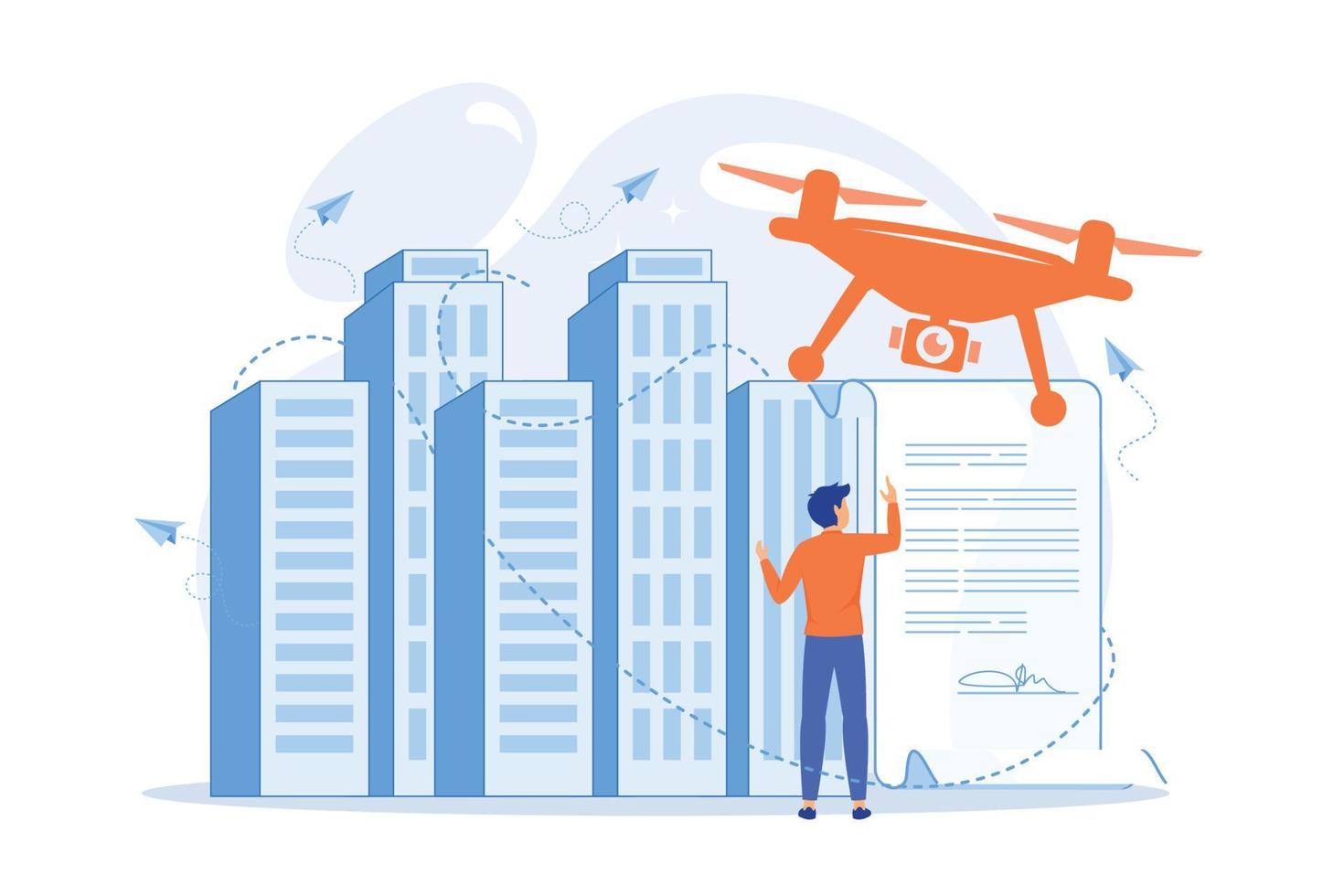 homme d'affaires avec drone lisant un document avec réglementation. réglementation sur les vols de drones, illustration vectorielle des limitations d'utilisation des drones vecteur
