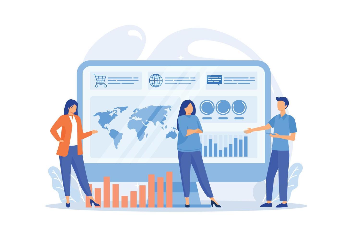 les petits hommes d'affaires créent un tableau de bord et analysent les statistiques. service de tableau de bord, illustration vectorielle de mécanisme de rapport en ligne vecteur