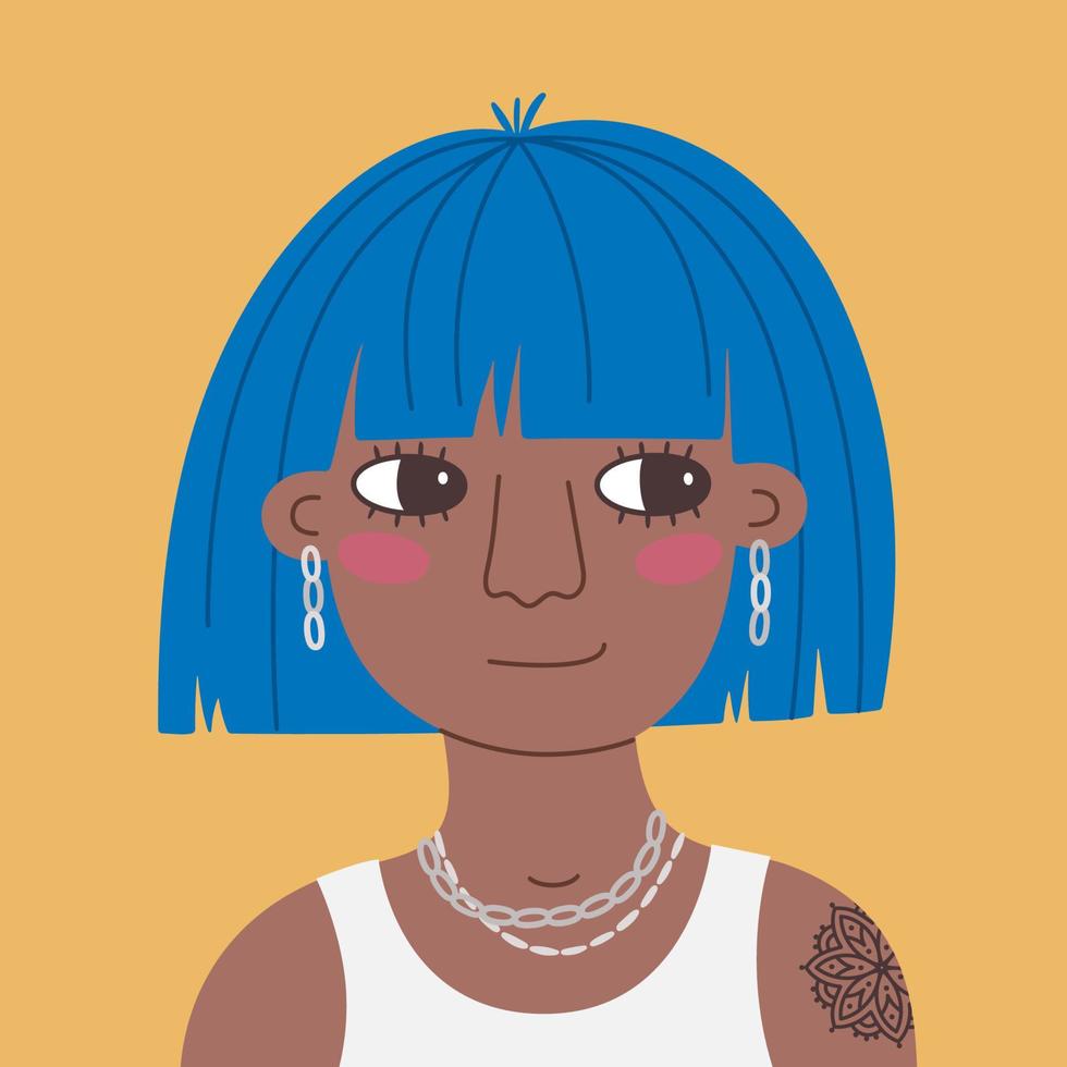 portrait d'une jolie femme noire souriante aux cheveux bleus. illustration vectorielle plate d'une jeune fille avec un tatouage. dame moderne avec des bijoux dans un haut blanc. avatar de dessin animé dessiné à la main pour le réseau social. vecteur