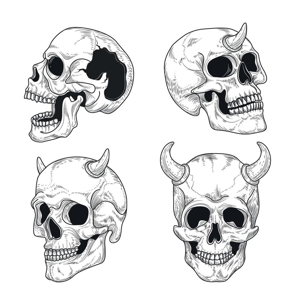 tatouage réaliste de crâne dessiné à la main vecteur