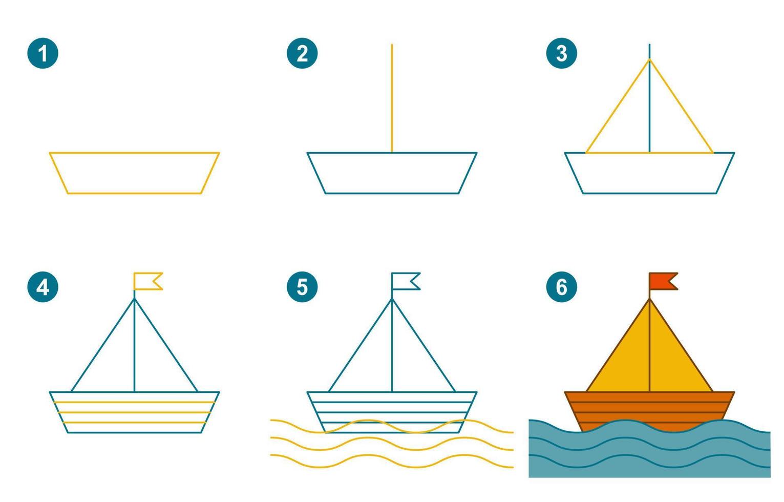 instructions pour dessiner un joli voilier. suivre pas à pas en voilier. feuille de travail pour enfant apprenant à dessiner le transport par eau. jeu pour la page de vecteur enfant. schéma pour dessiner un voilier. illustration vectorielle