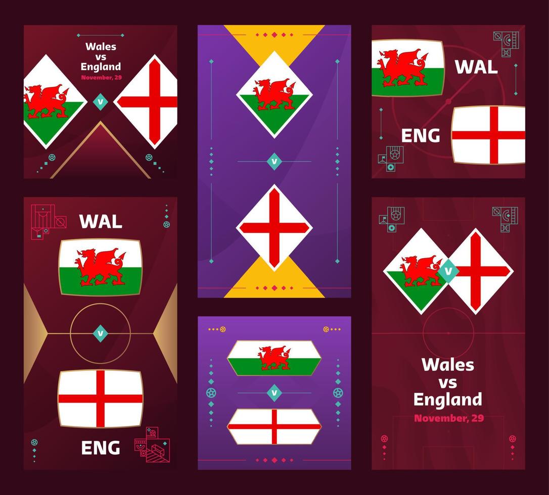 match Pays de Galles vs Angleterre. ensemble de bannières verticales et carrées du football mondial 2022 pour les médias sociaux. Infographie du football 2022. phase de groupes. annonce d'illustration vectorielle vecteur
