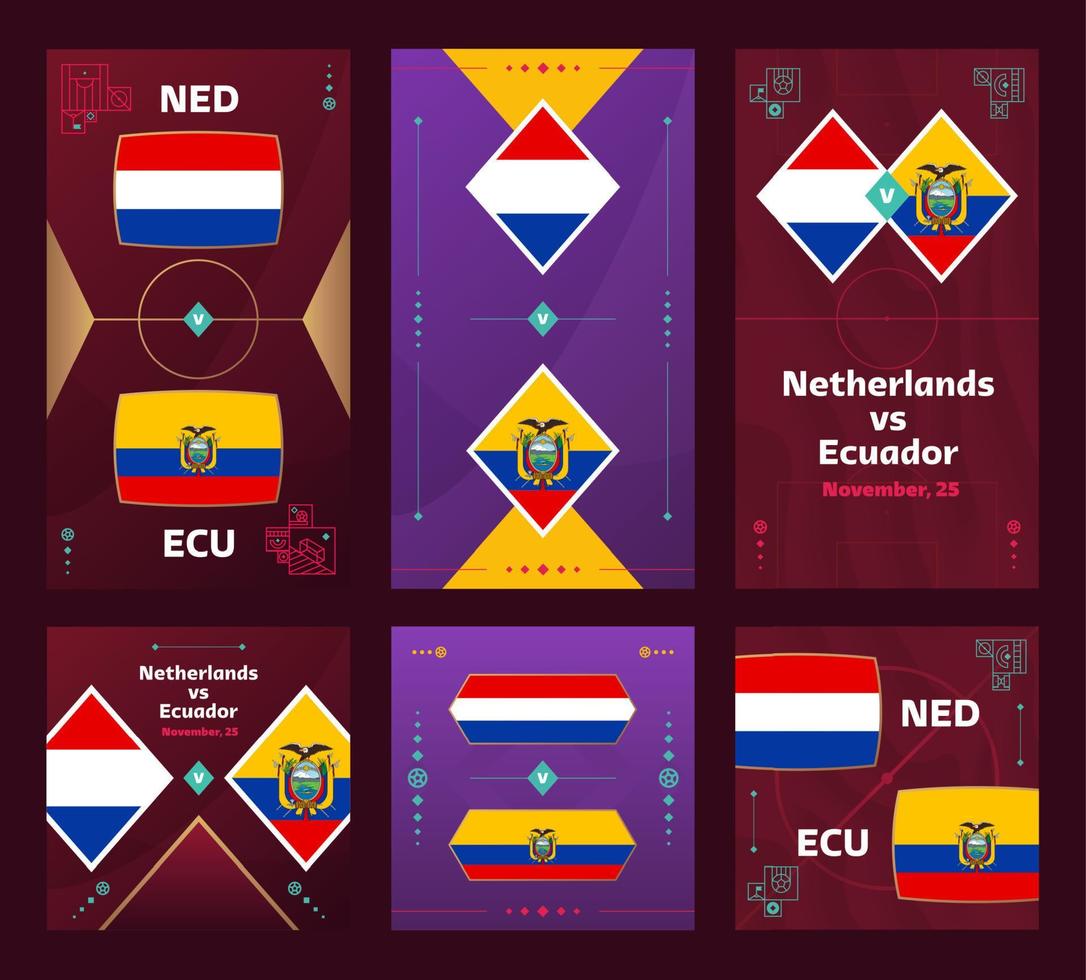 match pays-bas contre equateur. ensemble de bannières verticales et carrées du football mondial 2022 pour les médias sociaux. Infographie du football 2022. phase de groupes. annonce d'illustration vectorielle vecteur