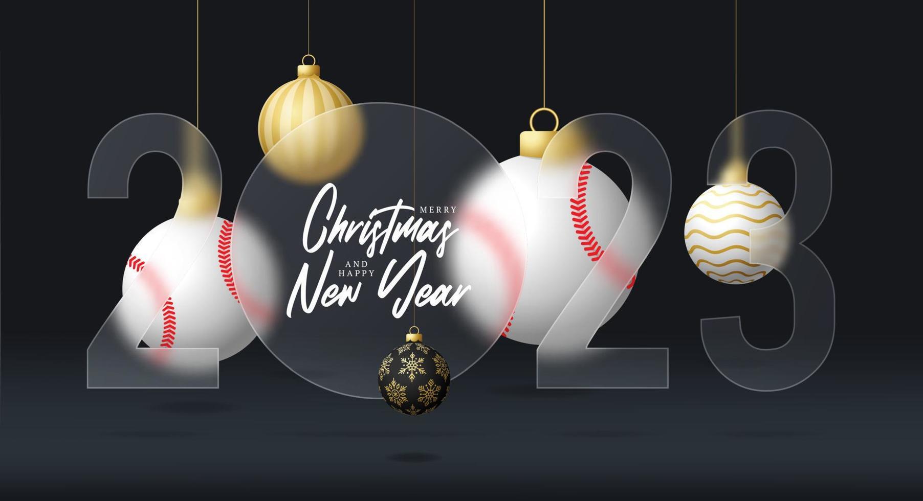 bannière ou carte de voeux de vente du nouvel an baseball 2023. bonne année et bannière de sport joyeux noël avec effet de flou de morphisme de verre, de morphisme de verre ou de morphisme de verre. illustration vectorielle réaliste vecteur