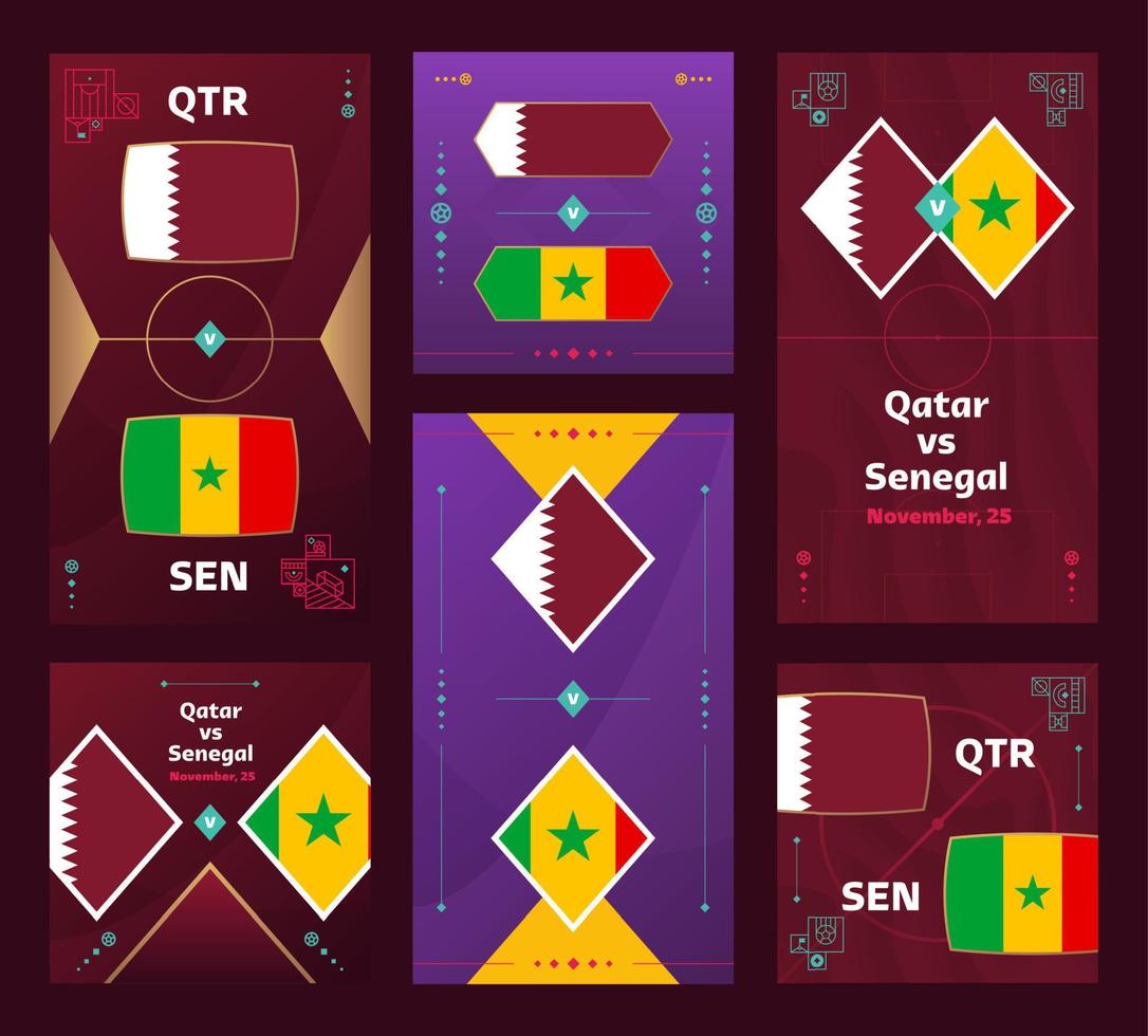 match qatar vs sénégal. ensemble de bannières verticales et carrées du football mondial 22 pour les médias sociaux. 22 infographie du football. phase de groupes. annonce d'illustration vectorielle vecteur