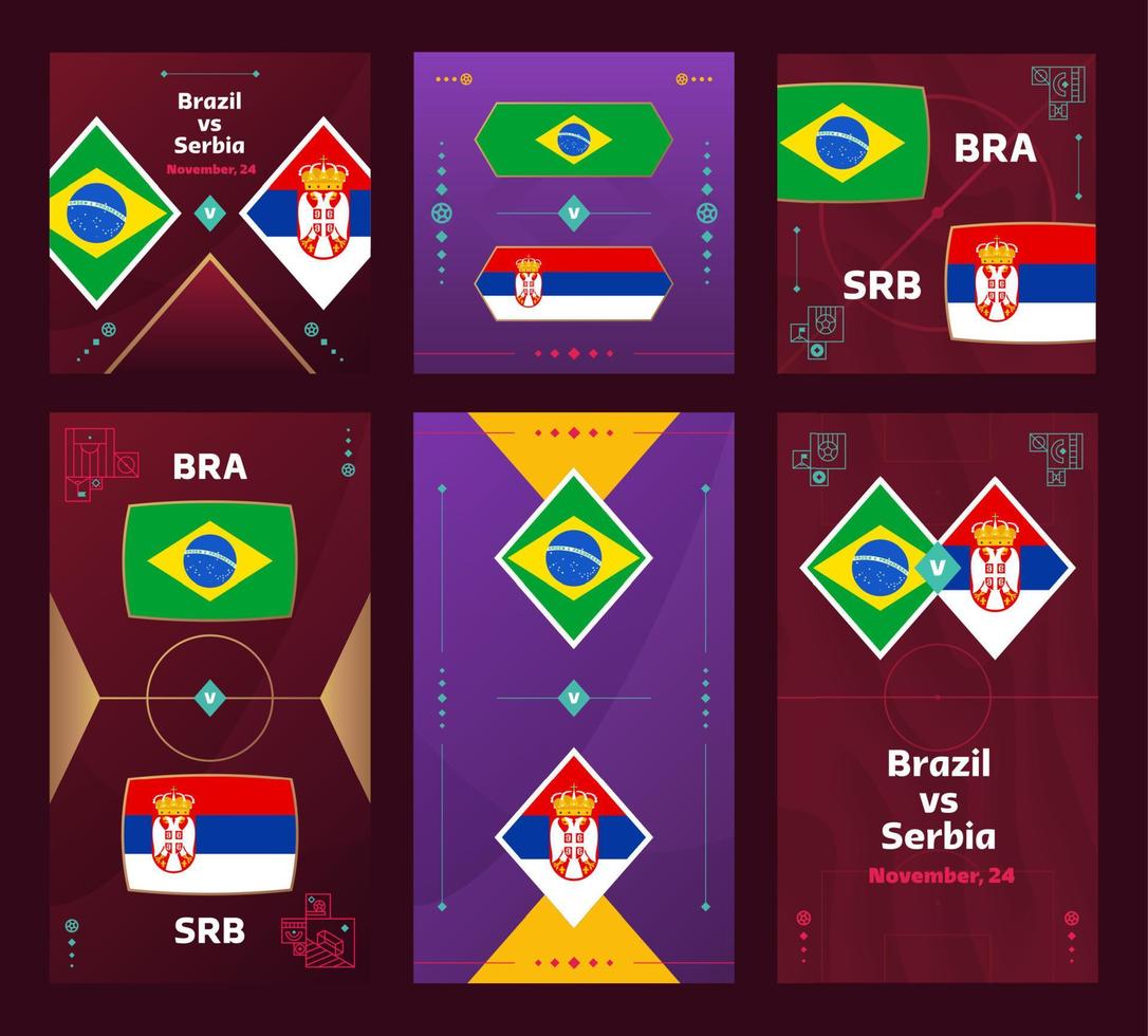 match brésil vs serbie. ensemble de bannières verticales et carrées du football mondial 2022 pour les médias sociaux. Infographie du football 2022. phase de groupes. annonce d'illustration vectorielle vecteur