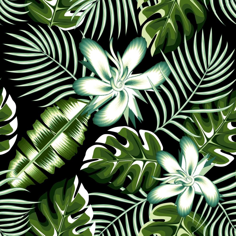 modèle sans couture d'illustration de la jungle nocturne avec des feuilles de palmier tropical monstera et des plantes abstraites de fleurs d'hibiscus et du feuillage sur fond sombre. fond fleuri. fond d'écran nature. banane verte vecteur