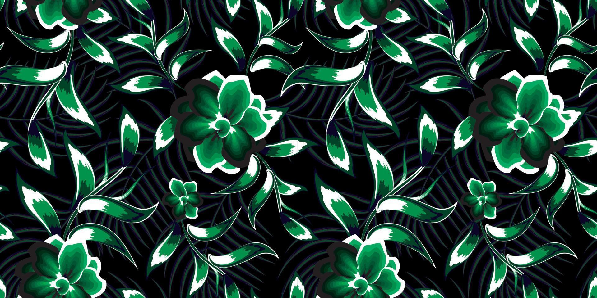 motif harmonieux de couleur vintage verte avec plantes à fleurs de jasmin tropical et feuillage sur fond sombre. fond fleuri. fond naturel. papier peint tropical. gros boutons floraux dessinés à la main vecteur