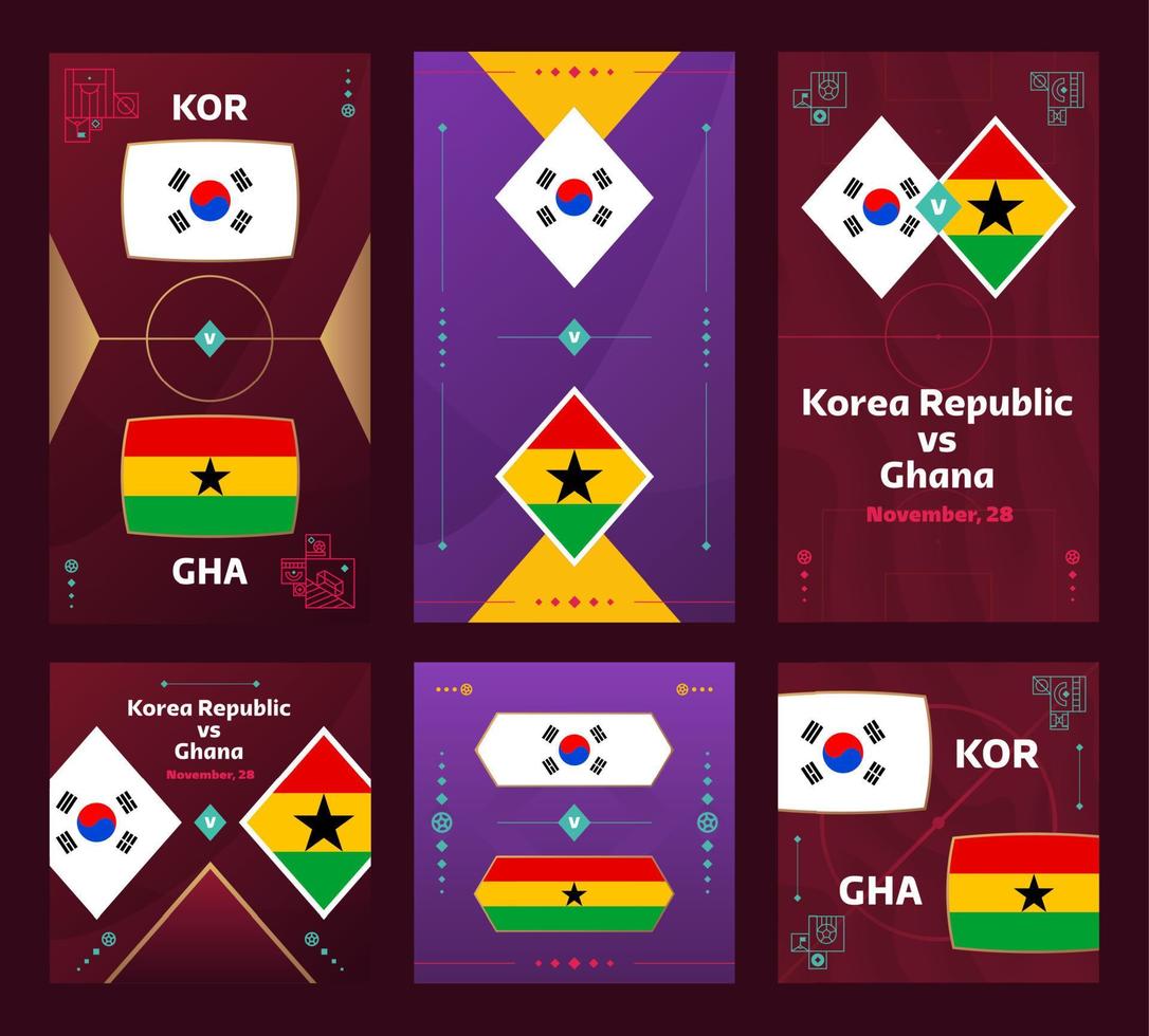 match république de corée vs ghana. ensemble de bannières verticales et carrées du football mondial 2022 pour les médias sociaux. Infographie du football 2022. phase de groupes. annonce d'illustration vectorielle vecteur