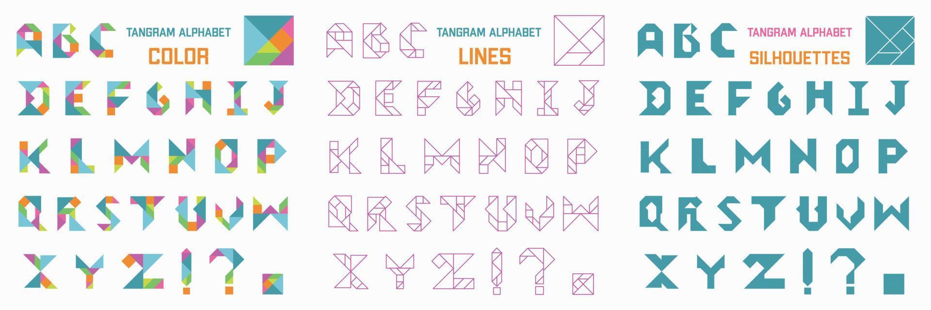 jeu de puzzle tangram pour les enfants. sertie d'alphabet anglais. couleur tangram, silhouettes et lignes. vecteur