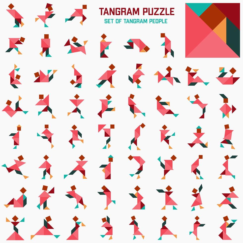 puzzle de tangram. ensemble de personnes tangram dans différentes poses. grand ensemble de vecteurs. illustration vectorielle vecteur