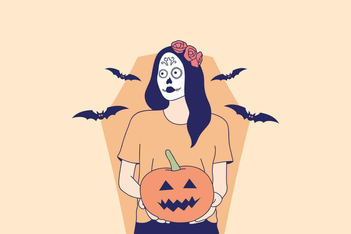 illustrations de la belle jeune femme avec le maquillage du crâne tenant la citrouille jack o lantern pour le concept de carnaval d'halloween vecteur