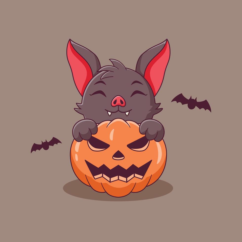 dessin animé mignon de chauve-souris tenant la citrouille. personnage de dessin animé de mascotte de chauve-souris. concept d'icône d'halloween. style de dessin animé plat adapté à la page de destination web, à la bannière, au dépliant, à l'autocollant, à la carte vecteur