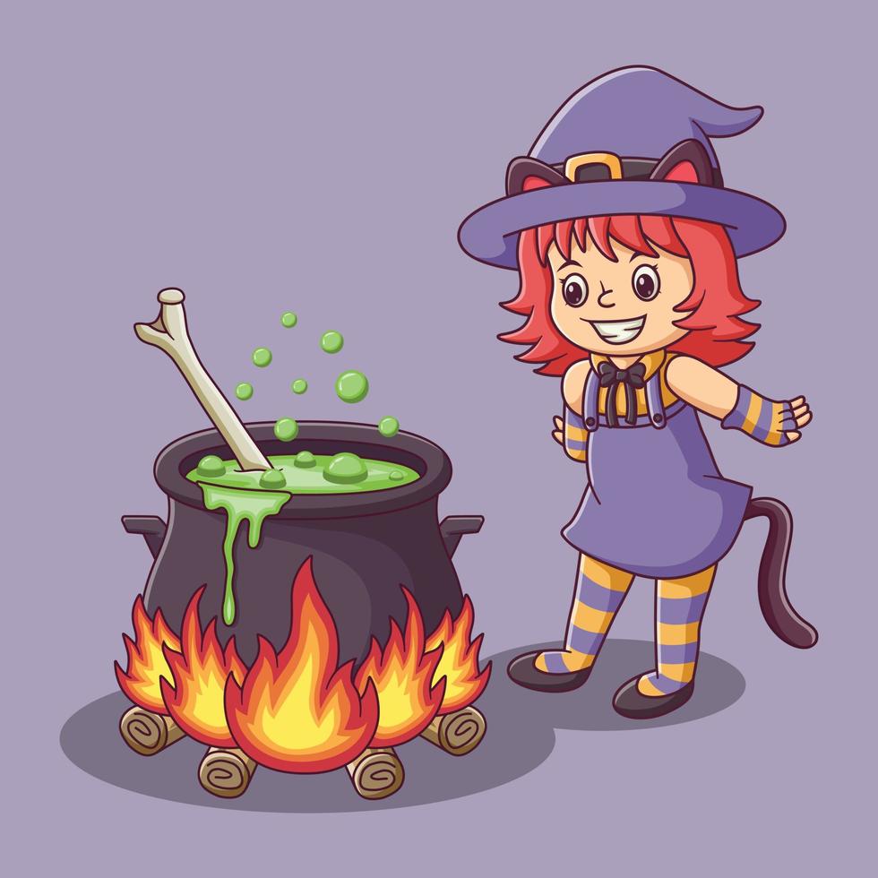 dessin animé mignon de sorcière avec un pot rempli de potion. personnage de dessin animé de mascotte de sorcière. concept d'icône d'halloween. style de dessin animé plat adapté à la page de destination web, à la bannière, au dépliant, à l'autocollant, à la carte vecteur