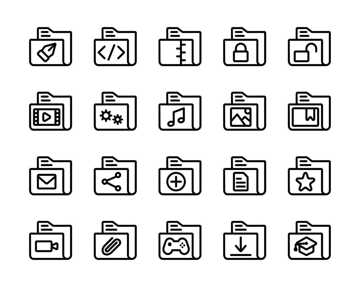 ensemble d'icônes de dossiers. collection d'icônes de dossiers en ligne mince, ensemble de collection d'icônes de dossier en couleur noire pour la conception de sites Web, éléments de conception pour vos projets. illustration vectorielle, vecteur d'icône de dossiers