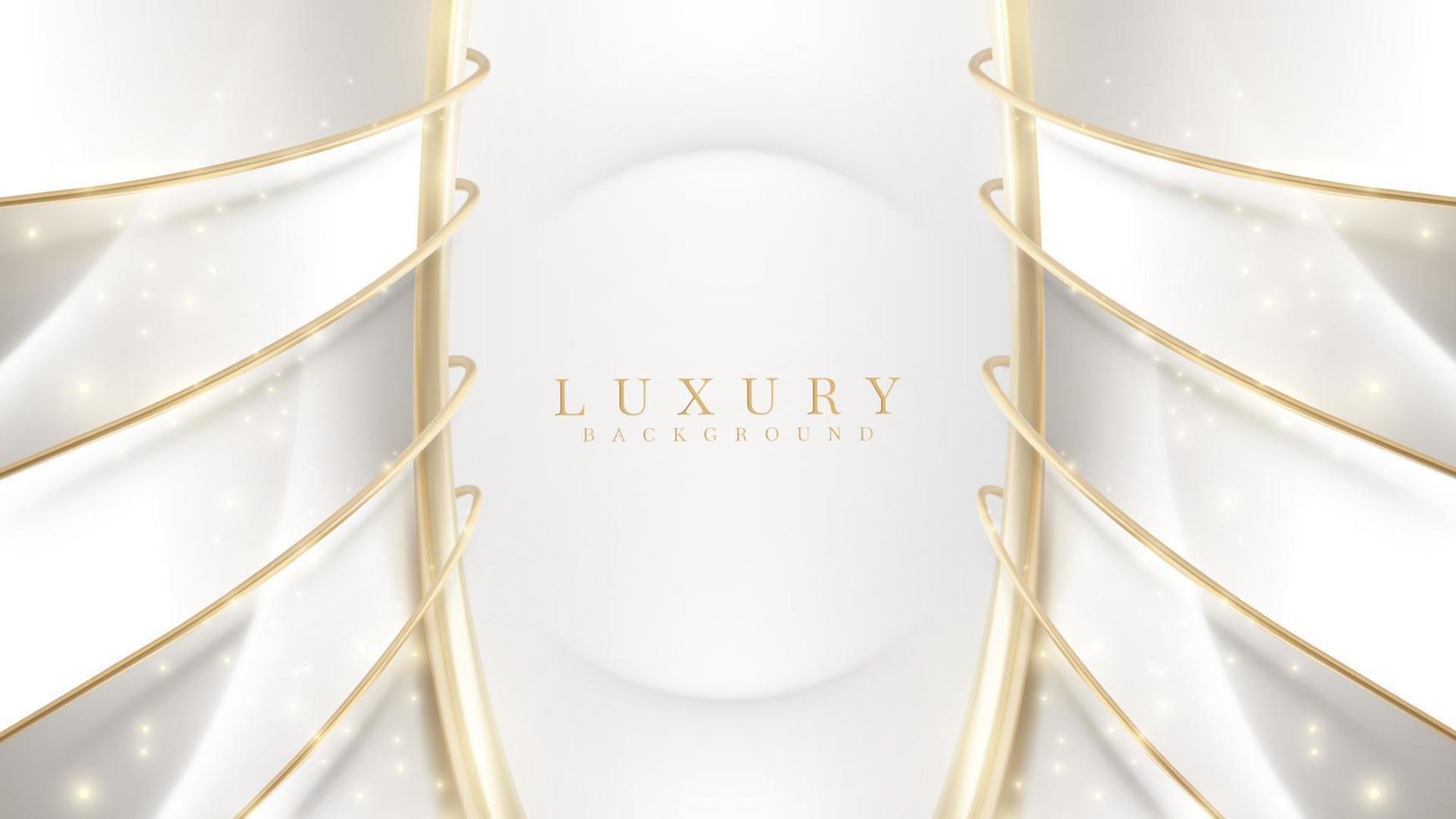 fond blanc de luxe réaliste avec élément de lignes courbes dorées 3d et décoration à effet de lumière scintillante et bokeh. vecteur