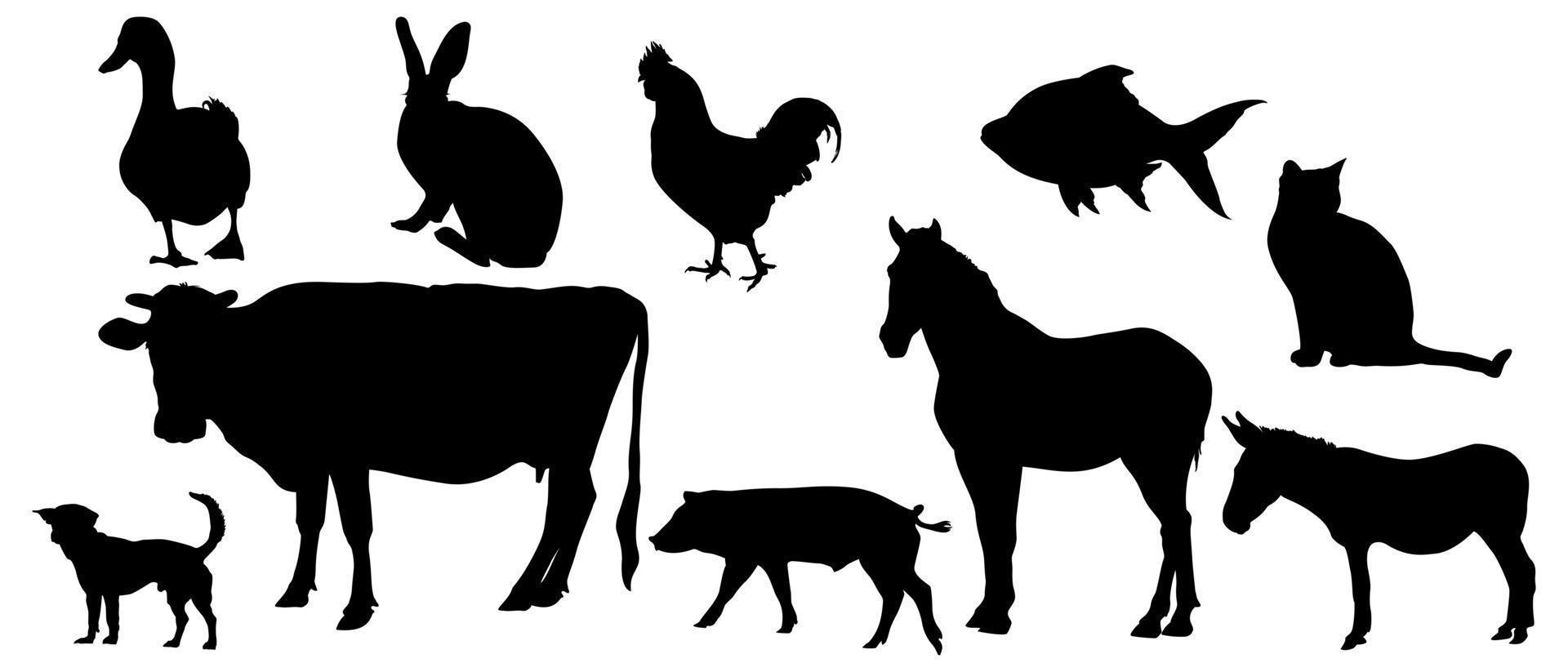 ensemble d'animaux de ferme - silhouette d'animaux domestiques - silhouettes d'animaux vecteur