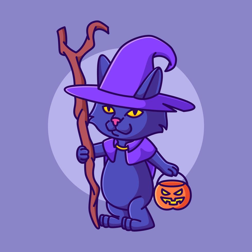 chat mignon sorcière portant illustration de dessin animé citrouille halloween vecteur