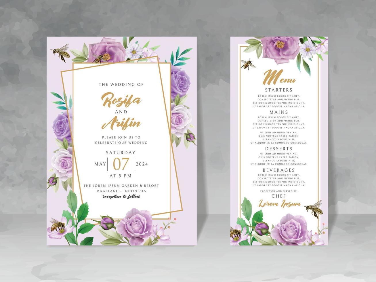 invitation de mariage élégante avec aquarelle florale et abeilles vecteur