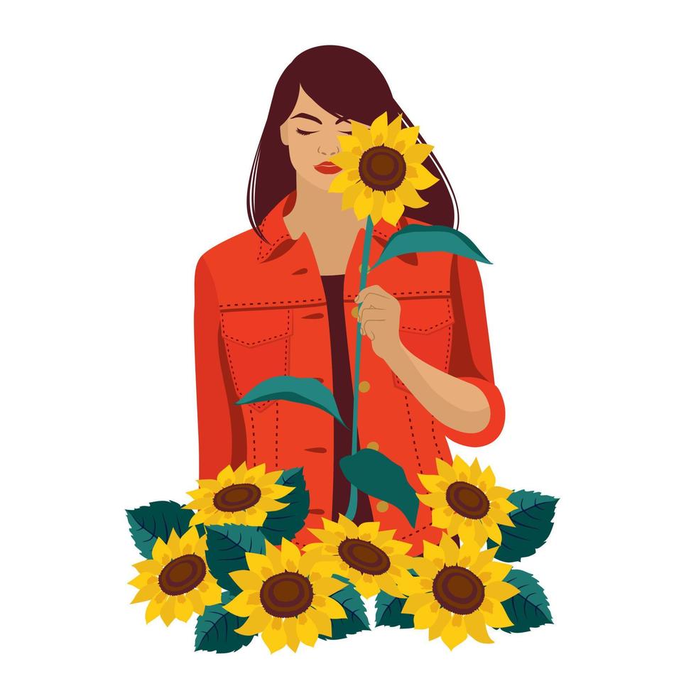 une fille dans une veste en jean rouge avec un tournesol sur le terrain. vecteur