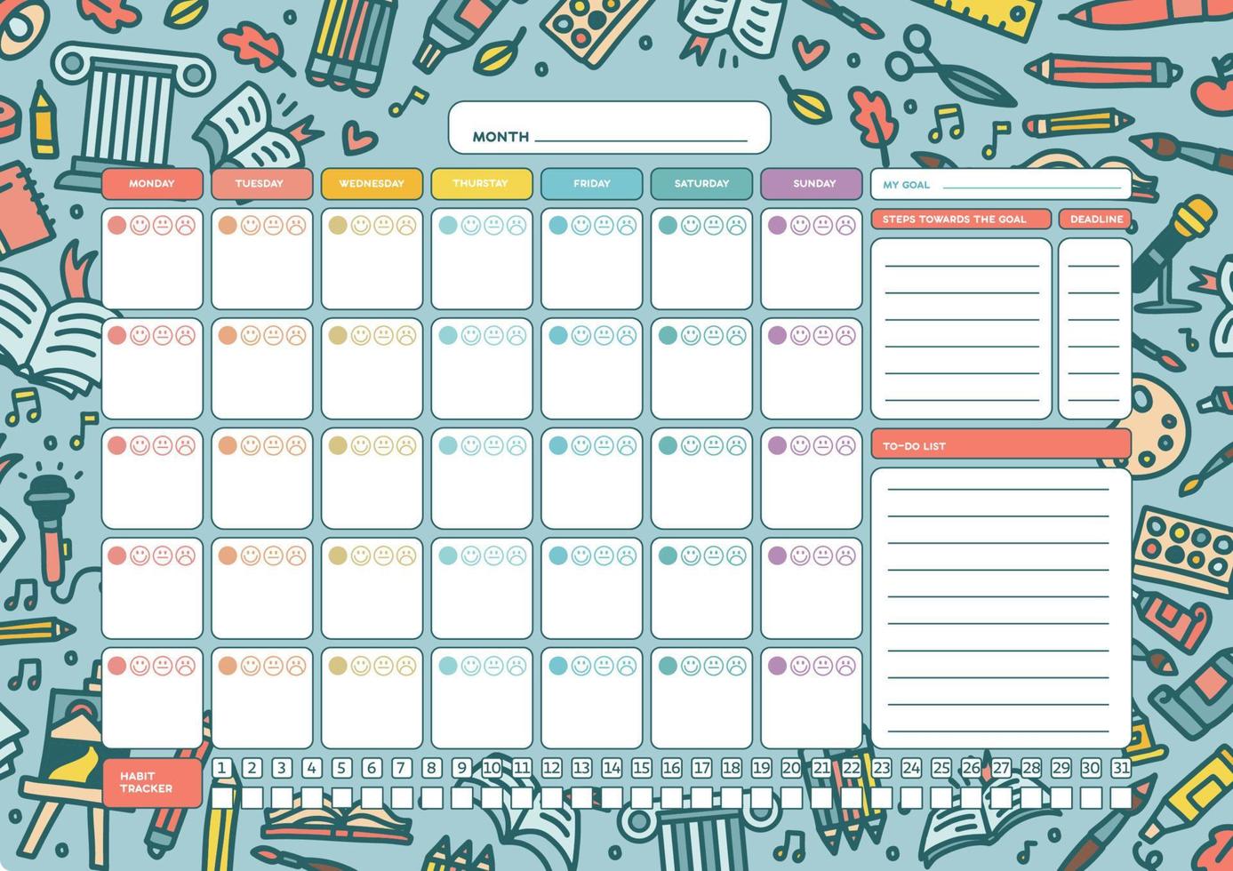 Modèle De Planificateur De Budget Organisateur De Papeterie Annuel Mensuel  Hebdomadaire Grille De Calendrier De Table Dans Un Style Mignon Dessiné à  La Main Journal Mensuel Horizontal Avec Illustration De Doodle Simple