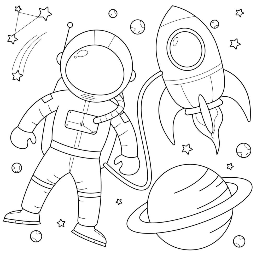 astronaute avec fusée dans l'espace adapté à l'illustration vectorielle de page de coloriage pour enfants vecteur