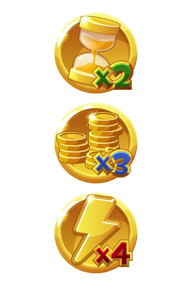 icônes de bonus d'or de temps, de pièces et d'énergie pour le jeu. illustration vectorielle définie des icônes rondes de doubler les prix pour l'interface utilisateur. vecteur