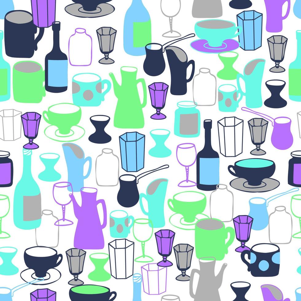 modèle vectorielle continue avec un ensemble de plats dessinés dans un style doodle. carafe minimaliste, théière, tasse, verres vintage, verres à vin, verre à liqueur, bouteille de vin. vecteur