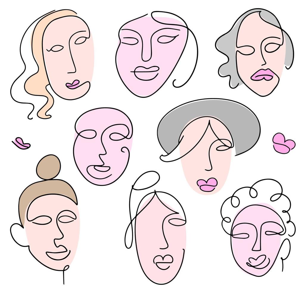 ensemble de visages féminins abstraits dessinés dans un style d'art en ligne. illustration vectorielle. vecteur