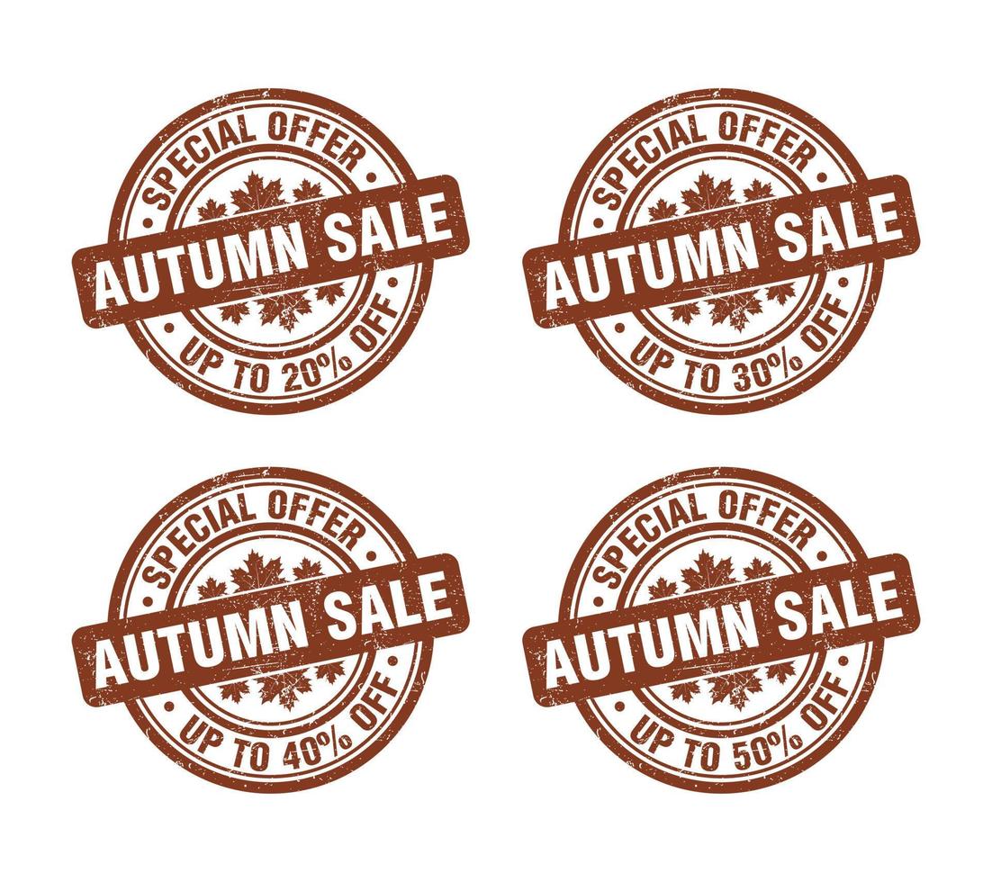 jeu de timbres grunge marron de vente d'automne. offre spéciale jusqu'à 20, 30, 40, 50 % de réduction vecteur