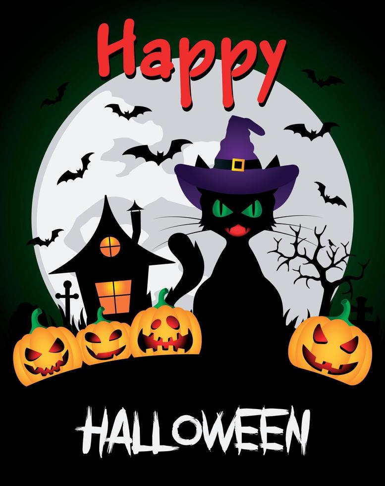 bonne conception graphique d'halloween. fond d'halloween avec citrouilles drôles et maison de sorcière, chat d'halloween vecteur