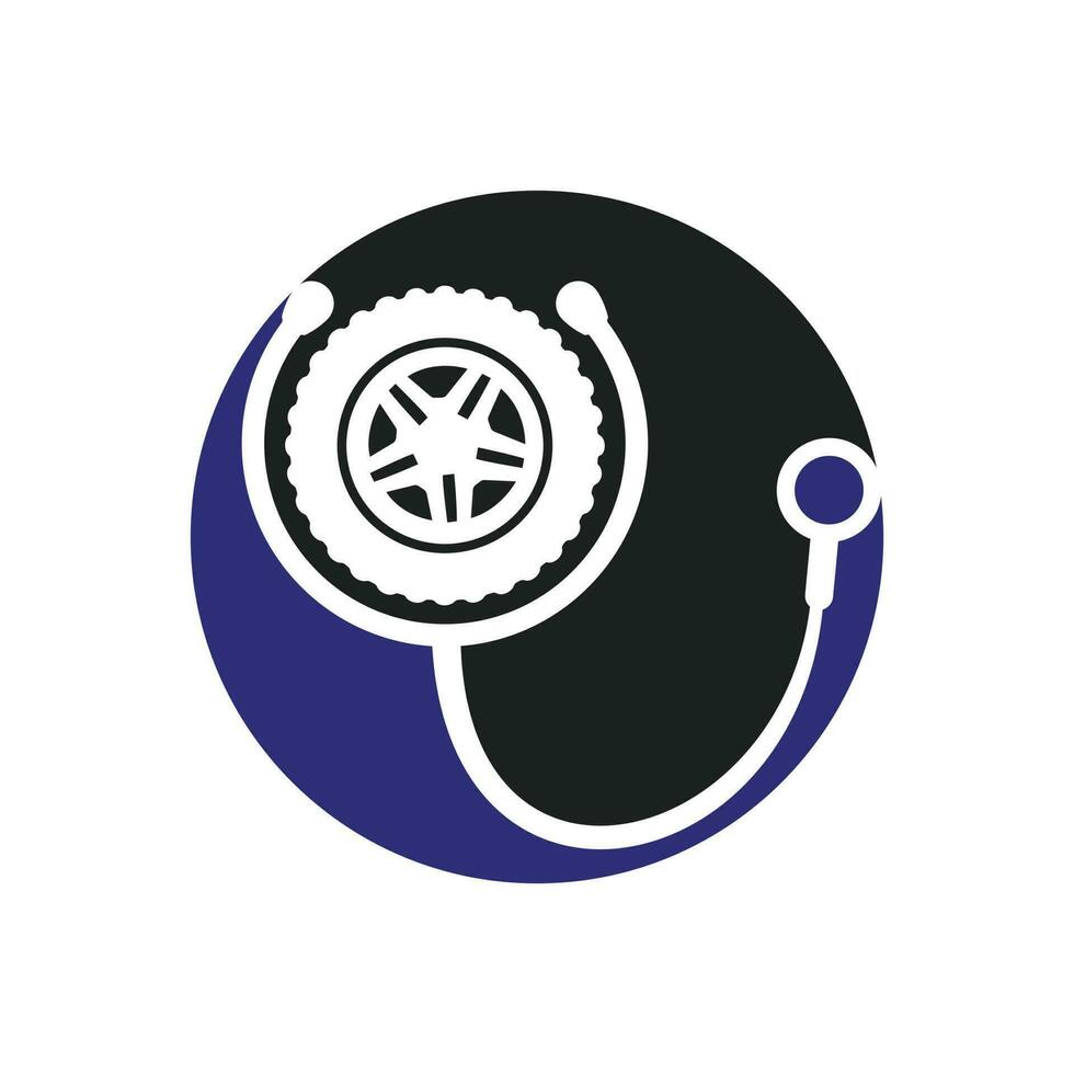 concept de logo de support et de soins automobiles. création de logo icône pneu et stéthoscope. vecteur