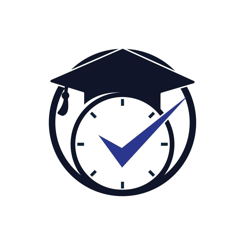 création de logo vectoriel de temps d'étude. chapeau de graduation avec horloge et conception d'icône de chèque.