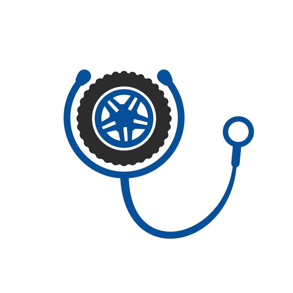 concept de logo de support et de soins automobiles. création de logo icône pneu et stéthoscope. vecteur