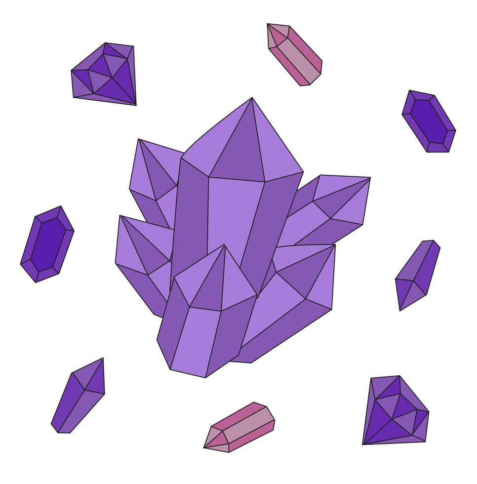 cristaux de sorcière. illustration de cristaux violets de collection. il y a de petits cristaux multicolores autour. griffonne des cristaux. vecteur