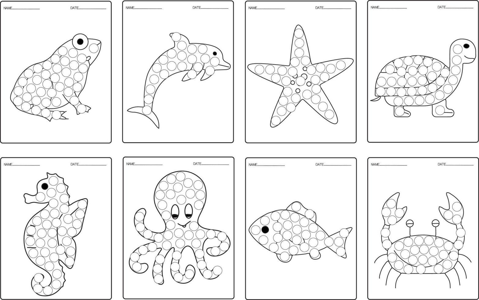 livre de coloriage des animaux de l'océan, activité de marqueurs de points pour les enfants. vecteur