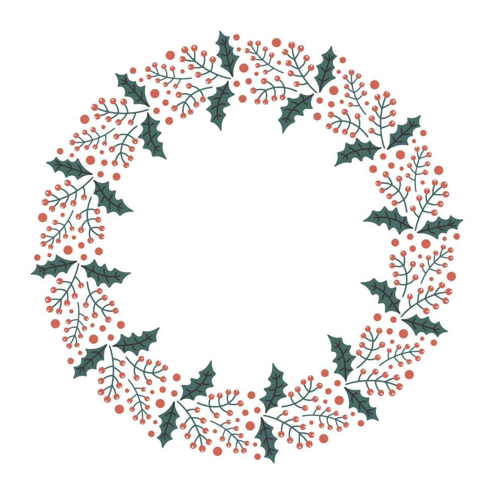 guirlande de Noël dessiné main vecteur isolé sur fond blanc. GUI décoratif doodle, cadre rond. feuilles de houx et baies pour la conception du nouvel an d'hiver, orné et salutations. modèle de Noël