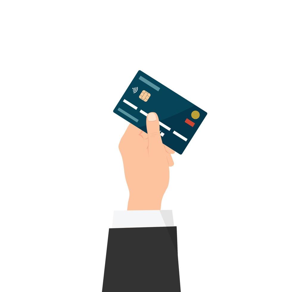 la main d'un homme dans un costume d'affaires se lève, remet une carte de débit, de crédit pour le paiement. vecteur de style plat