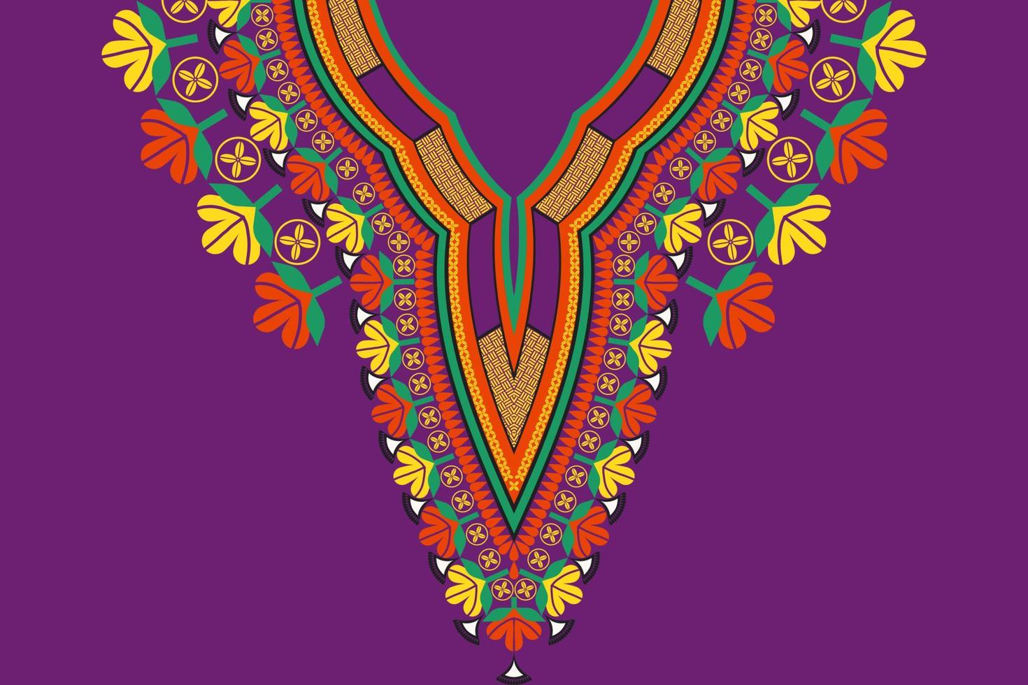 dashiki africain coloré fond violet décolleté motif de broderie de fleurs. mode de chemises d'art tribal africain. vecteur