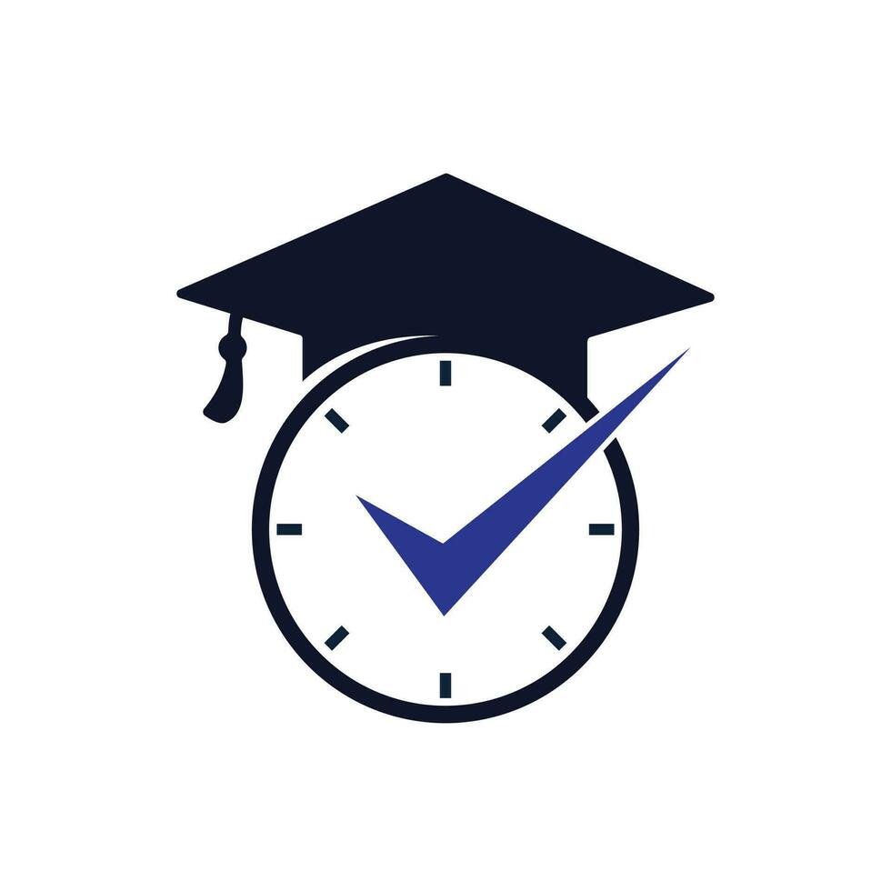 création de logo vectoriel de temps d'étude. chapeau de graduation avec horloge et conception d'icône de chèque.