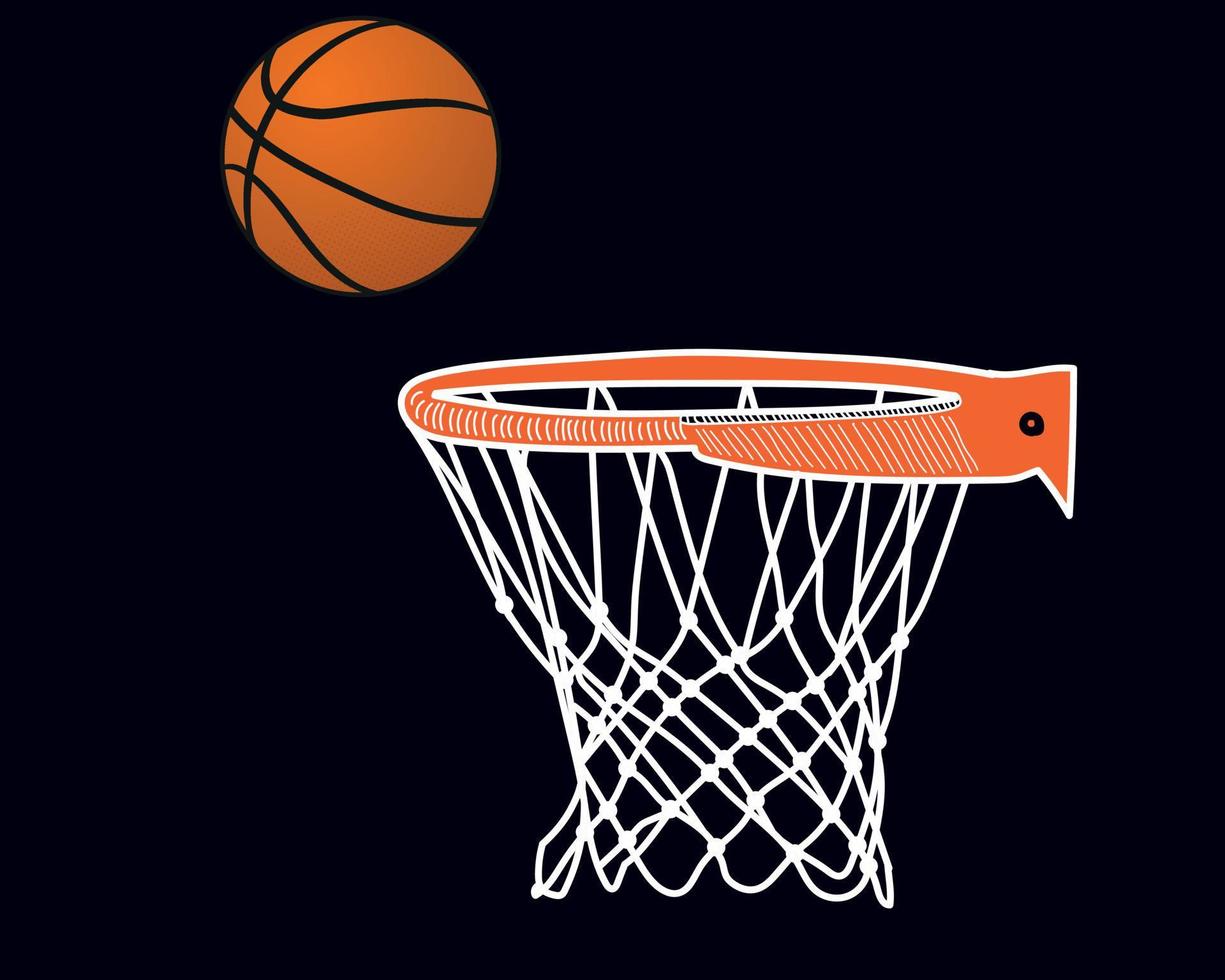 panier de basket, filet de basket, panier de basket avec illustration de basket sur fond noir vecteur