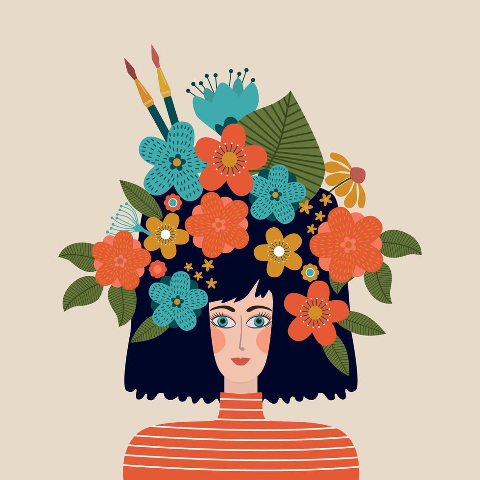 portrait de la belle jeune femme artiste avec des fleurs et des pinceaux vecteur