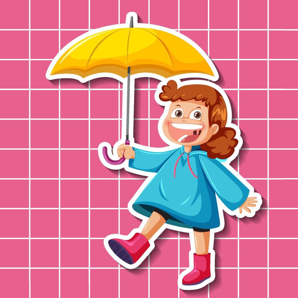 personnage de dessin animé de jolie fille tenant un style autocollant de parapluie vecteur