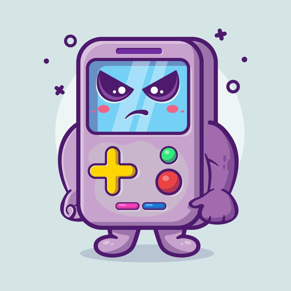 mascotte de personnage de jeu vidéo portable sérieux avec expression de colère dessin animé isolé dans un style plat vecteur